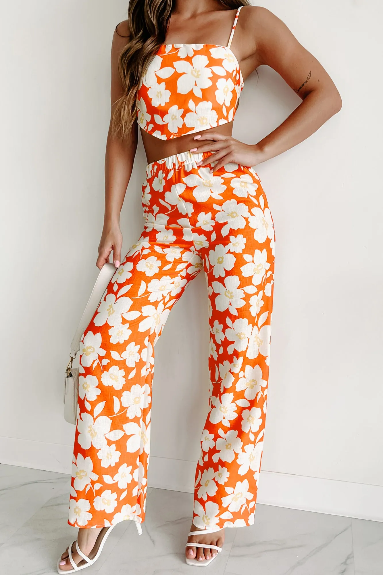 About To Blossom Floral Crop Top & Pant Set (Coral Combo)