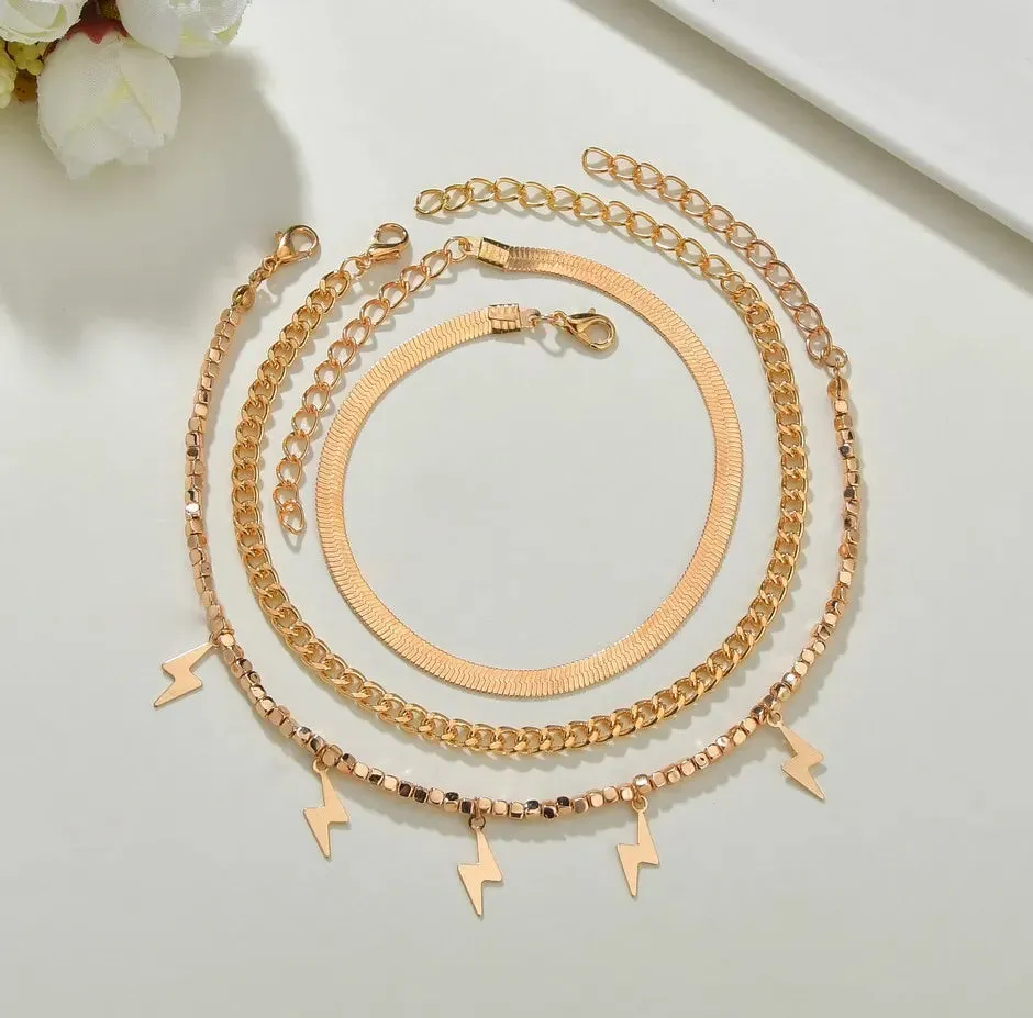 Adhira 3 Chain Lightning Anklet Set | 18k Gold Plated