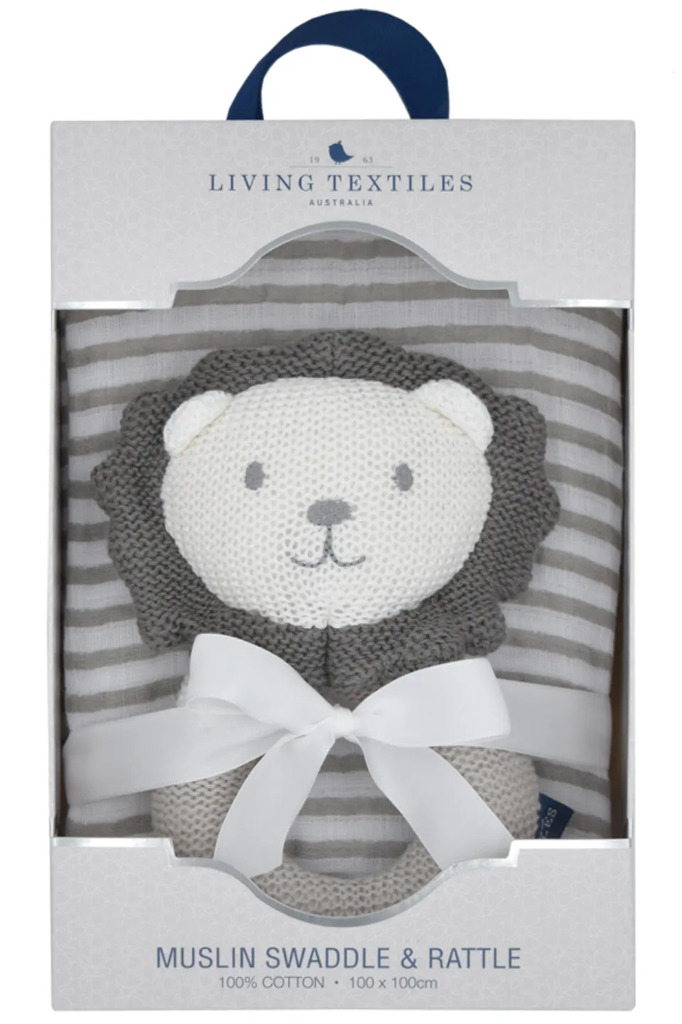 Austin the Lion Rattle   Charcoal Stripe Muslin Swaddle Grey