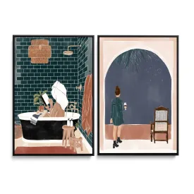 Bathroom Babe and Starry Night by Ivy	Green Illustrations - Two Piece Stretched Canvas or Art Print Set