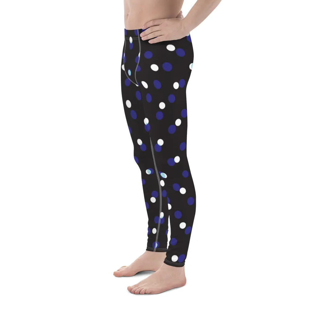 Black White Polka Dots Meggings, Best Men's Leggings Designer Running Tights- Made in USA/EU/MX