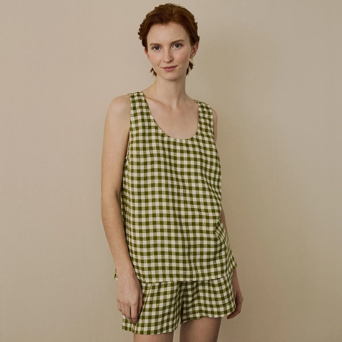 Botanical Green Gingham Linen Cami Set