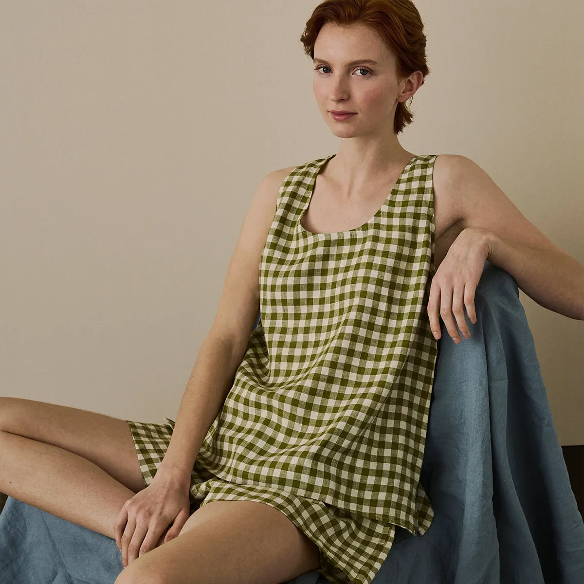 Botanical Green Gingham Linen Cami Set