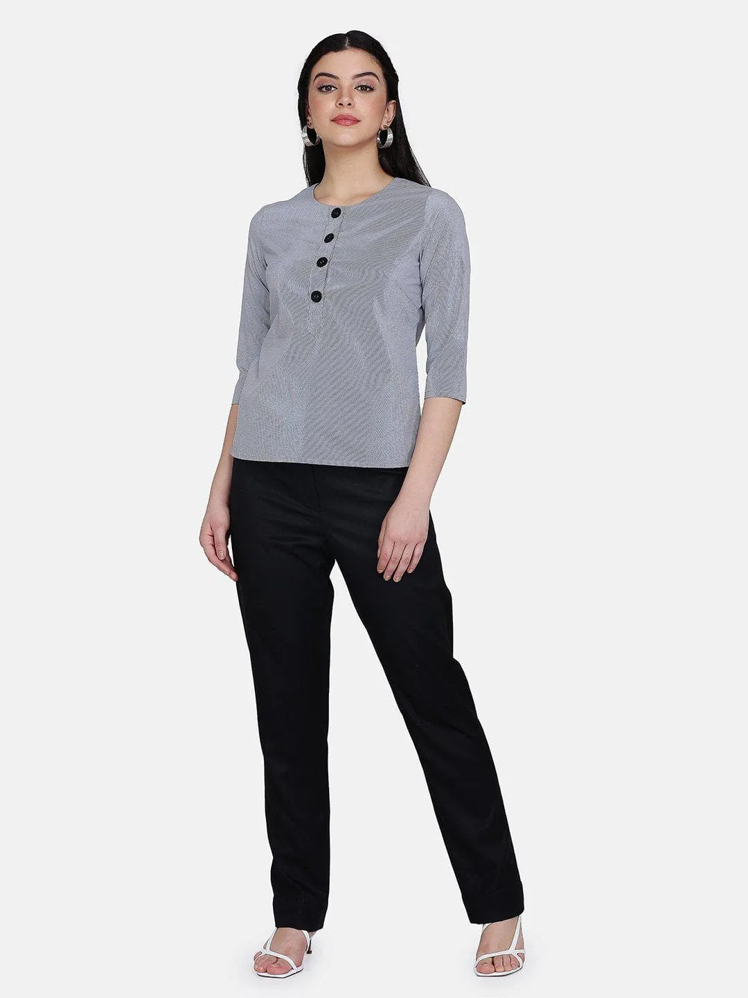 Button Detail Cotton Top - Grey