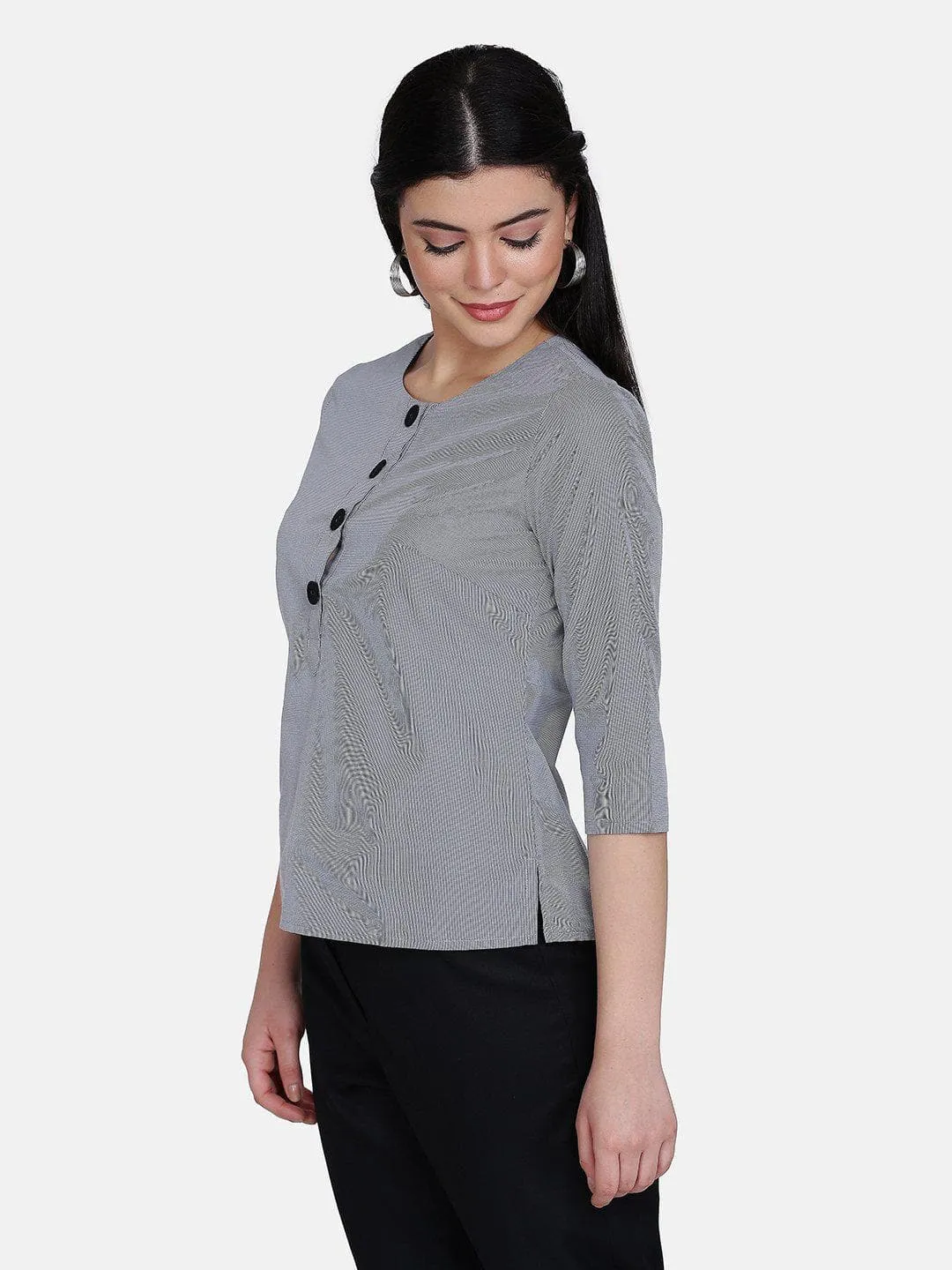 Button Detail Cotton Top - Grey