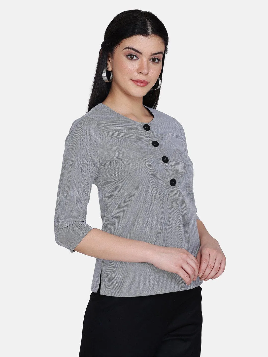 Button Detail Cotton Top - Grey