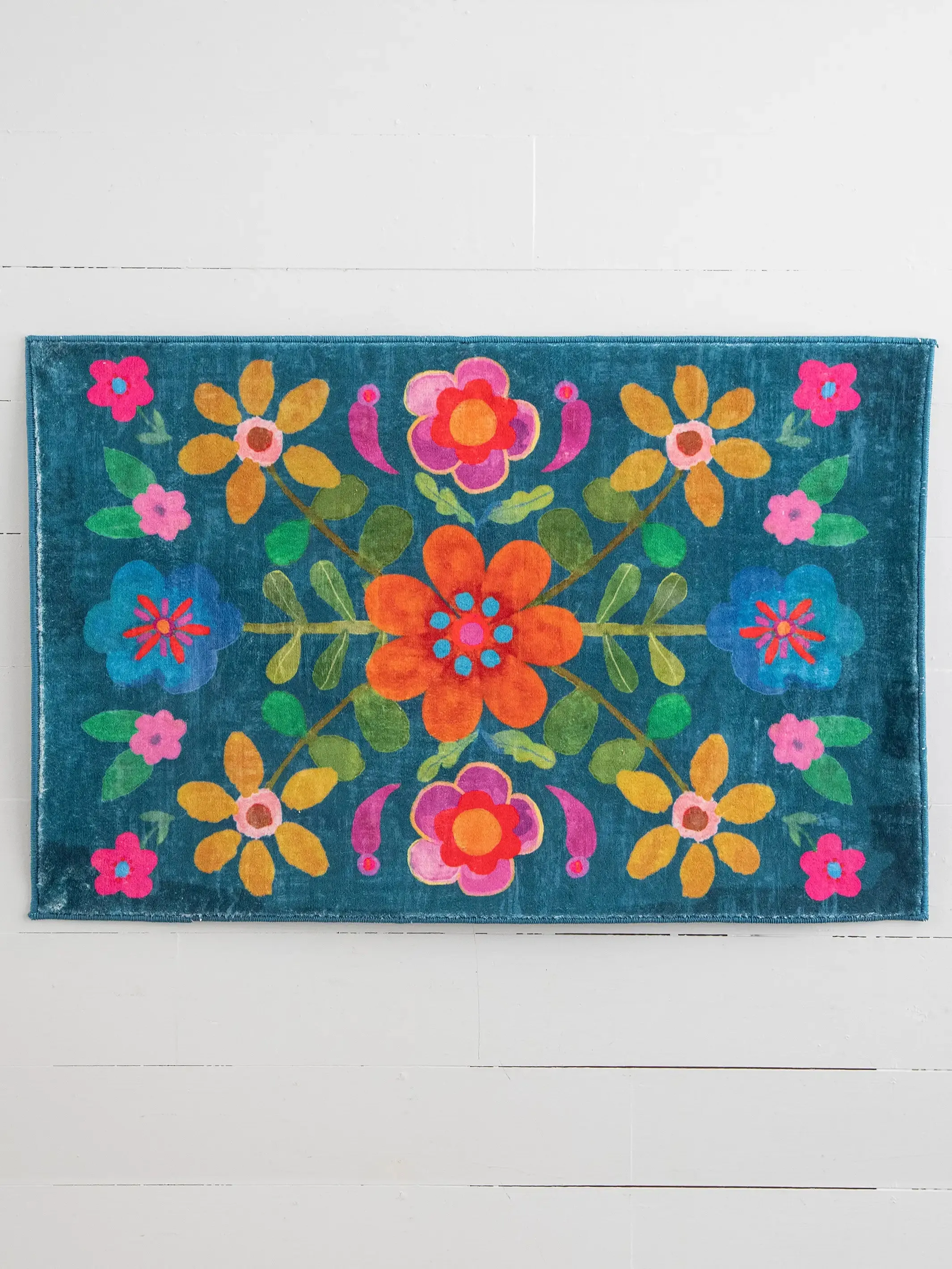 Chenille Rug, 2' x 3' - Teal Folk Floral