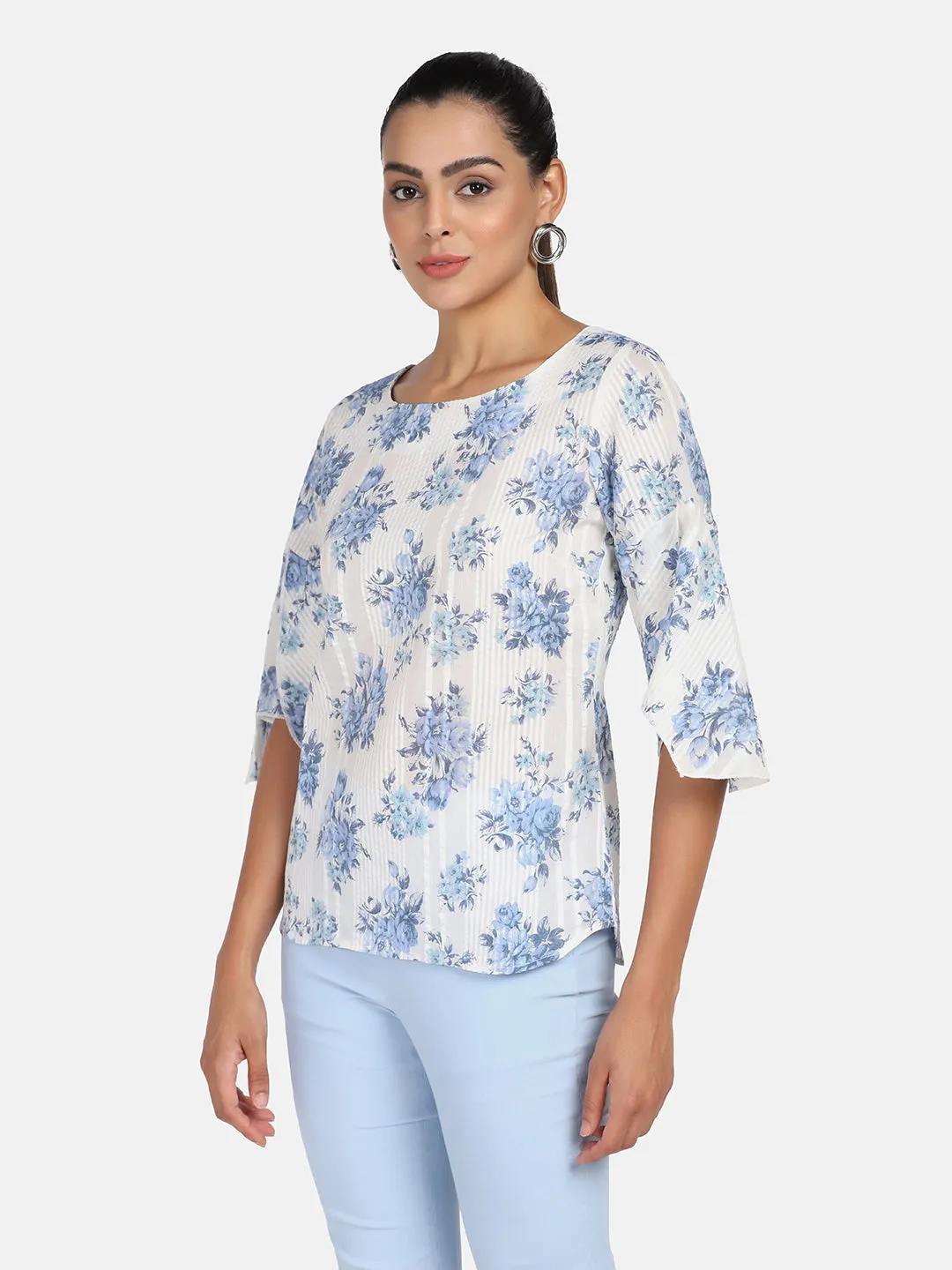 Cotton Printed Top - Blue & White