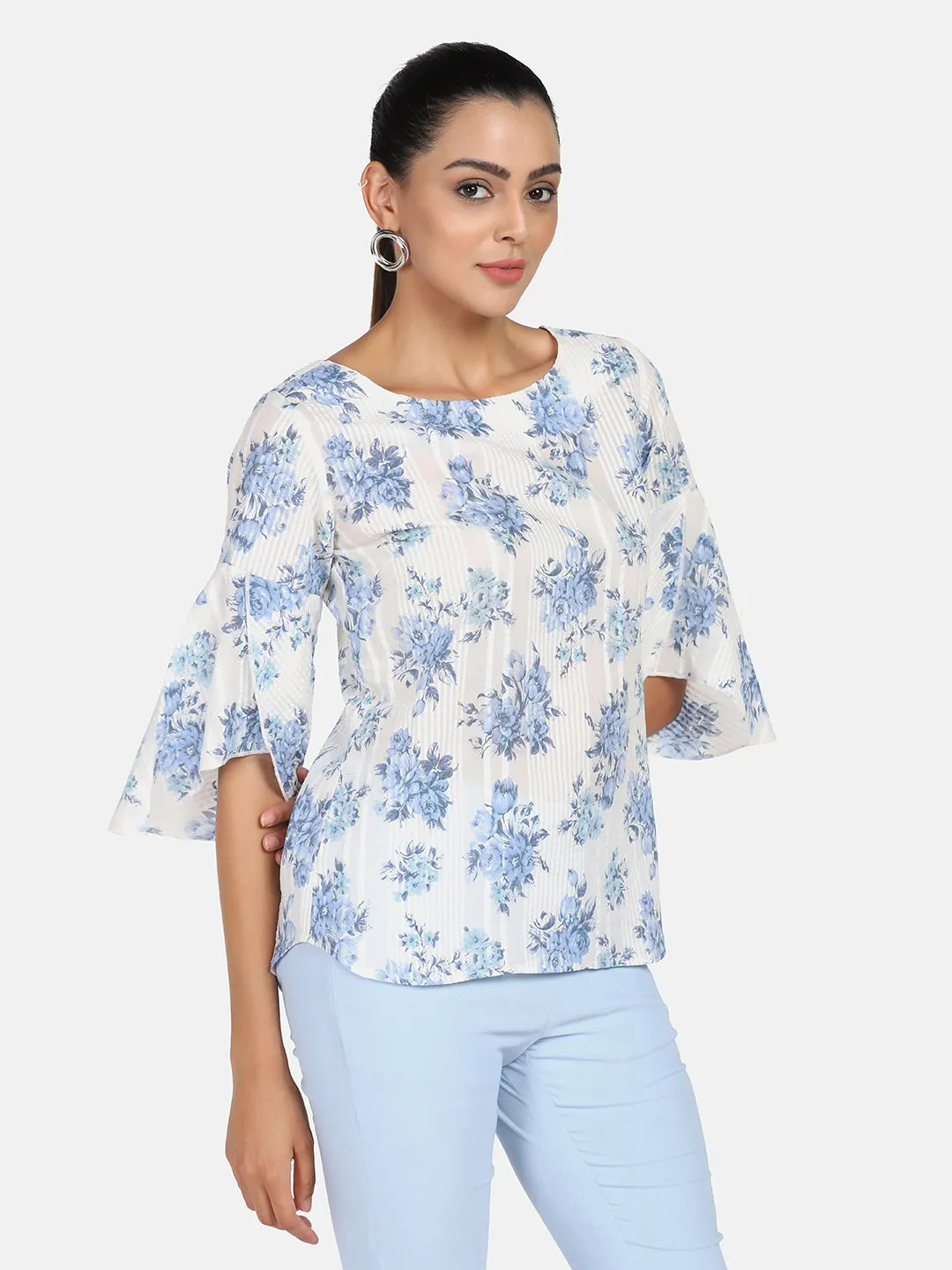 Cotton Printed Top - Blue & White