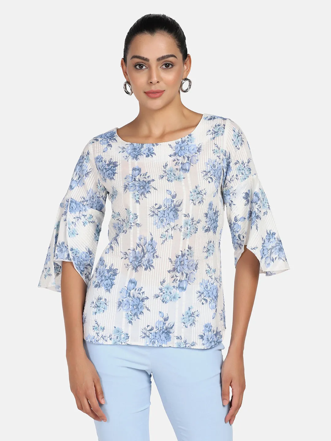 Cotton Printed Top - Blue & White