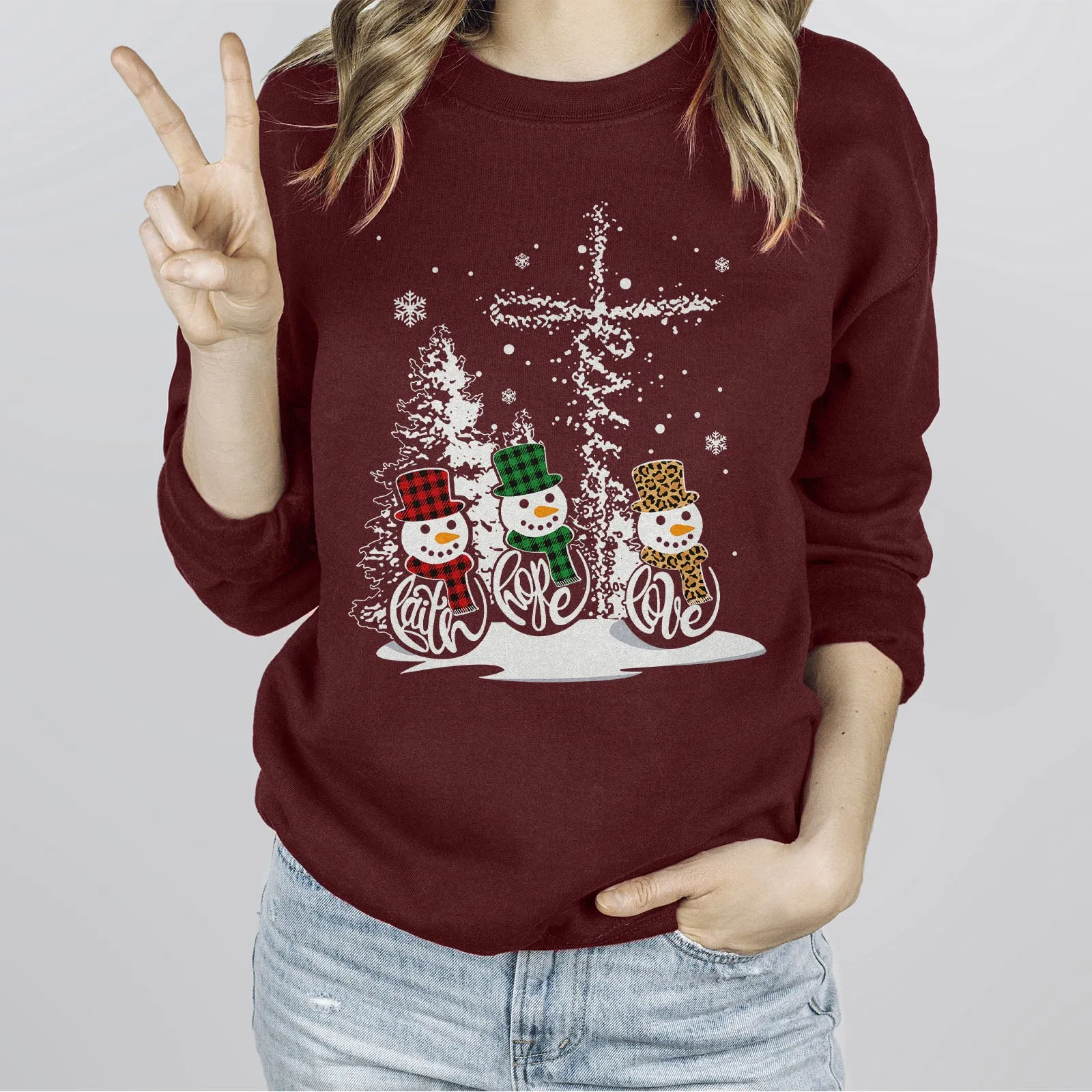 Faith Hope Love Jesus Snowman Christmas Long Sleeve