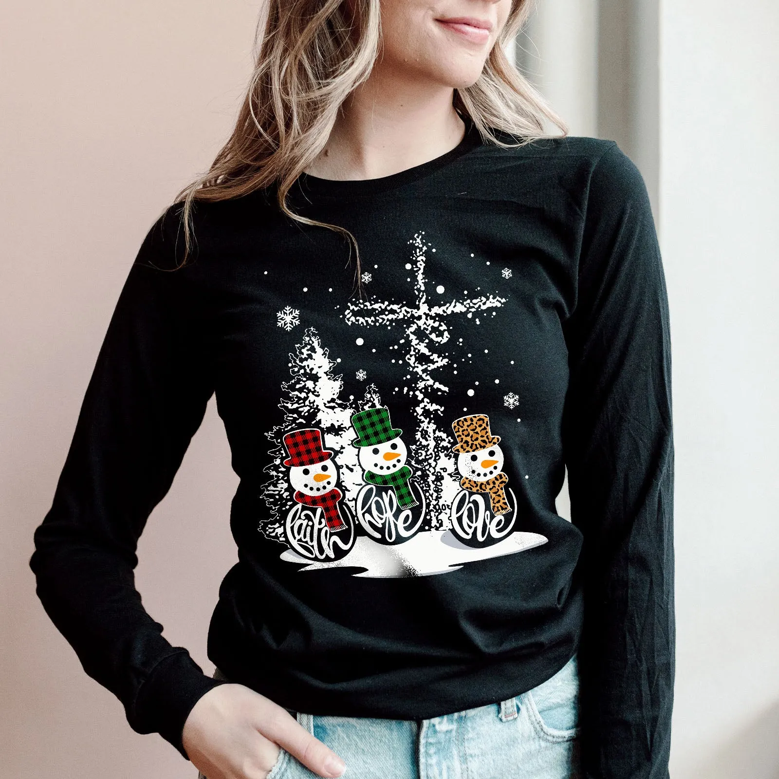 Faith Hope Love Jesus Snowman Christmas Long Sleeve