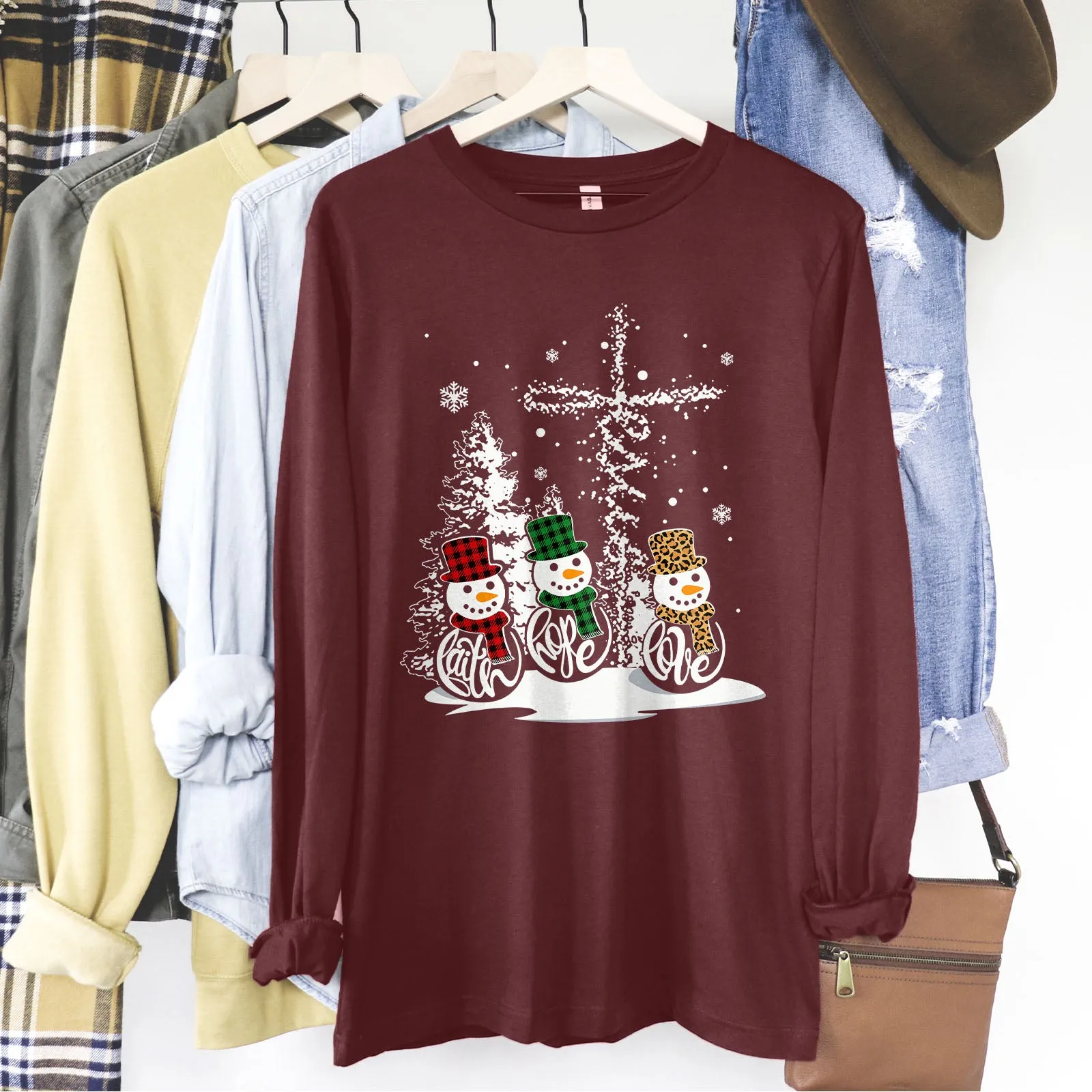 Faith Hope Love Jesus Snowman Christmas Long Sleeve