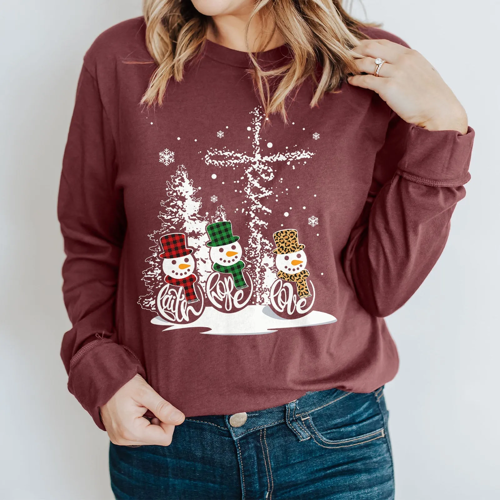 Faith Hope Love Jesus Snowman Christmas Long Sleeve