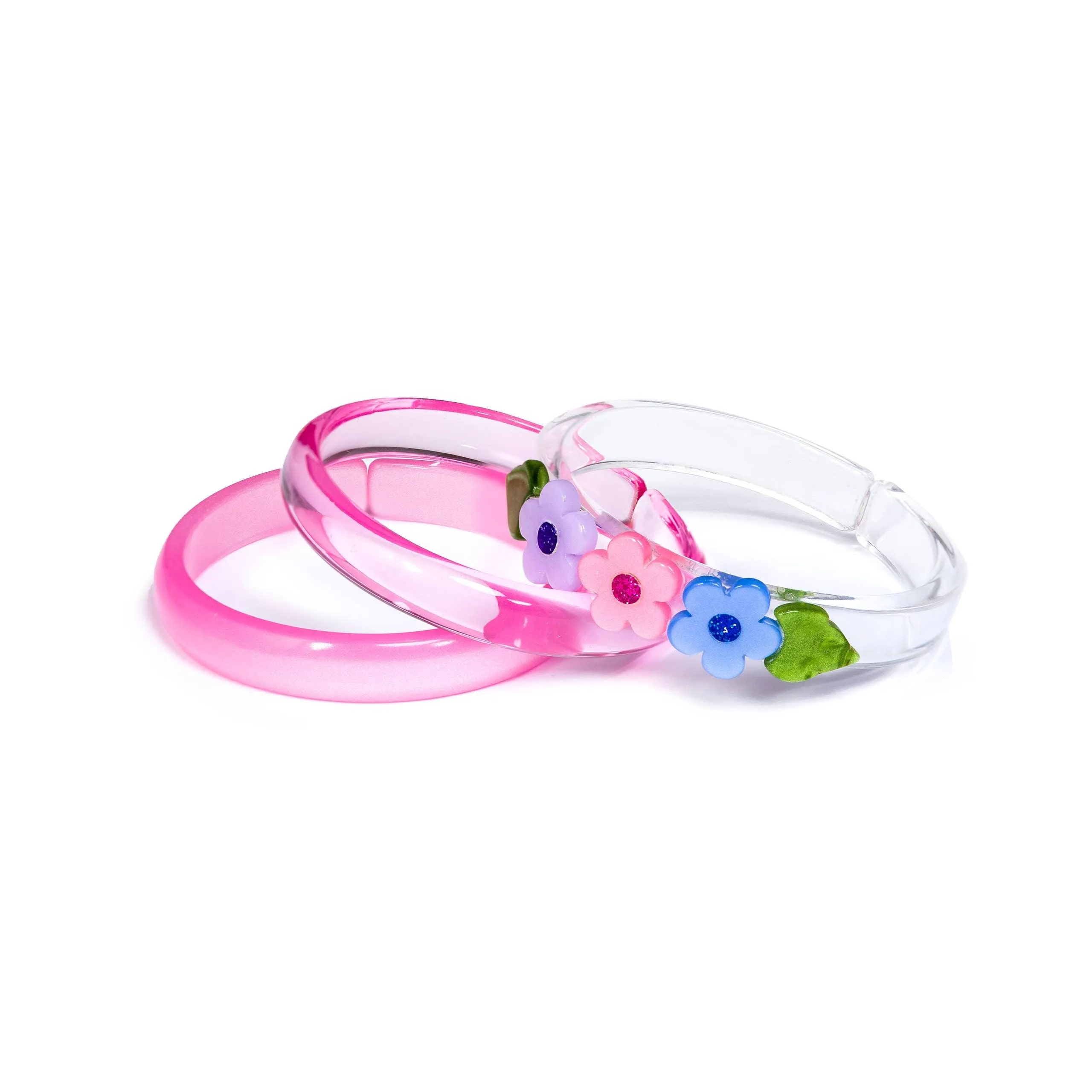 Flowers Pink Purple Blue Bangle Bracelet Set