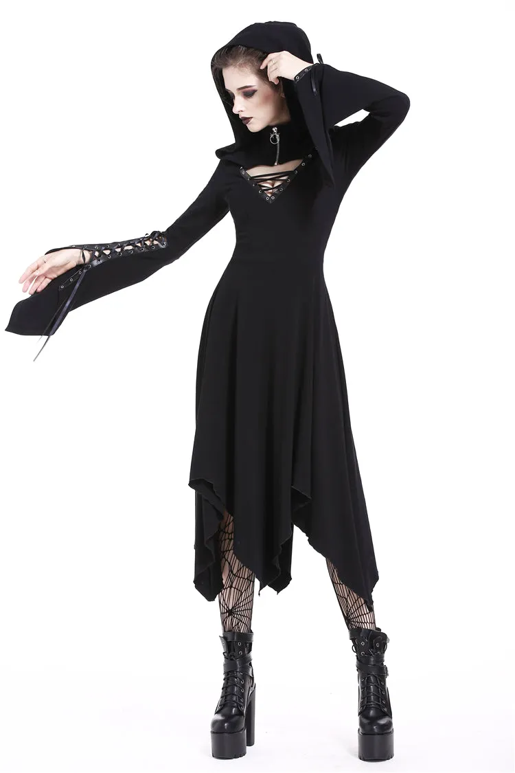 Gothic lace-up bust and sleeve hooded dress DW220