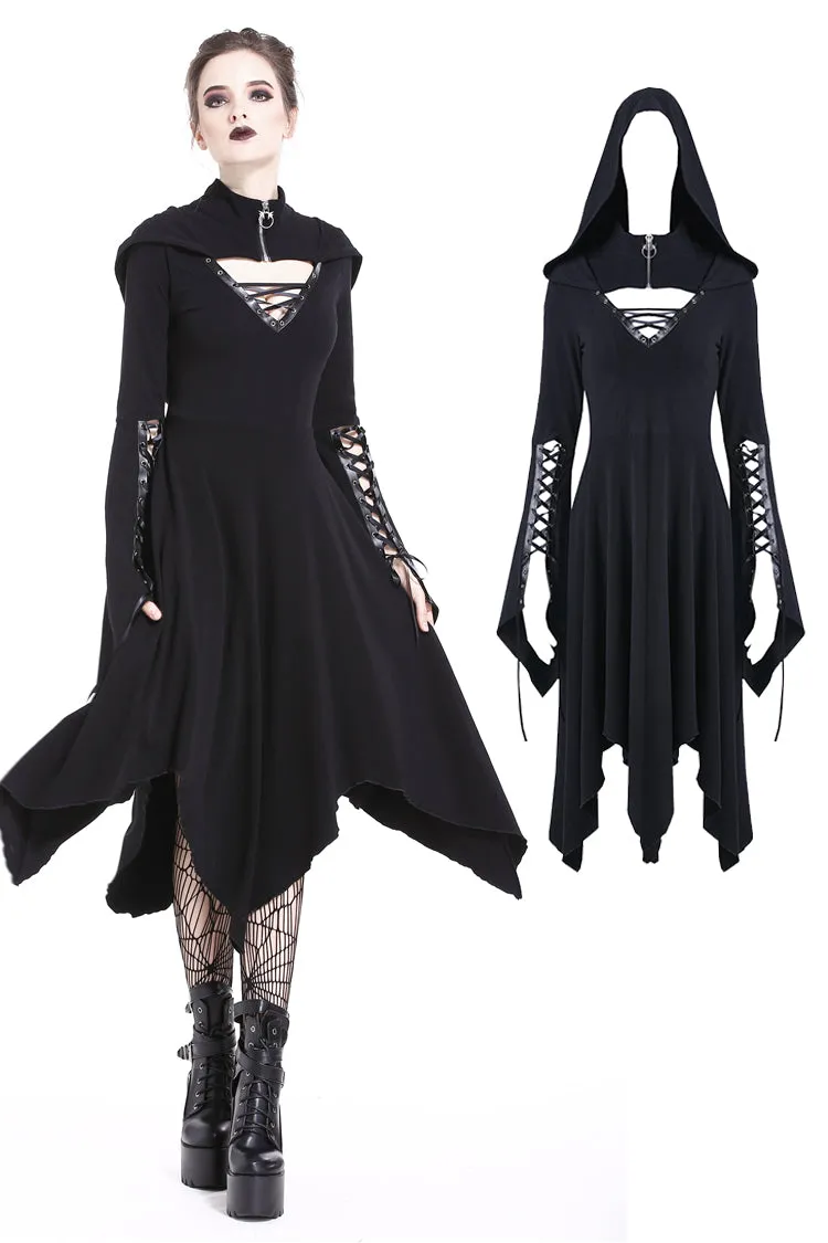 Gothic lace-up bust and sleeve hooded dress DW220