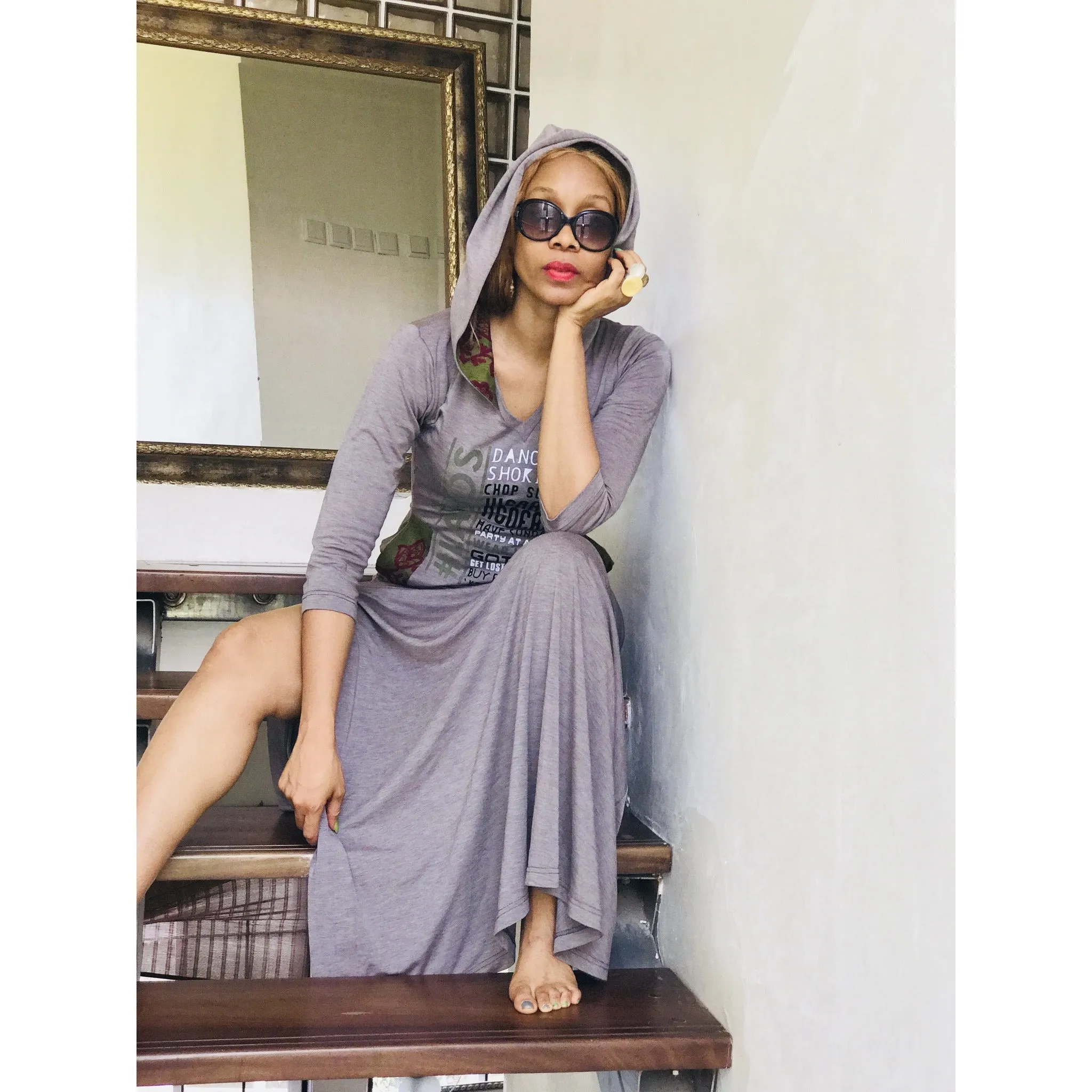 Grey Side Slit #LAGOS FAV THINGS Hooded Maxi Dress, 3/4 Sleeved