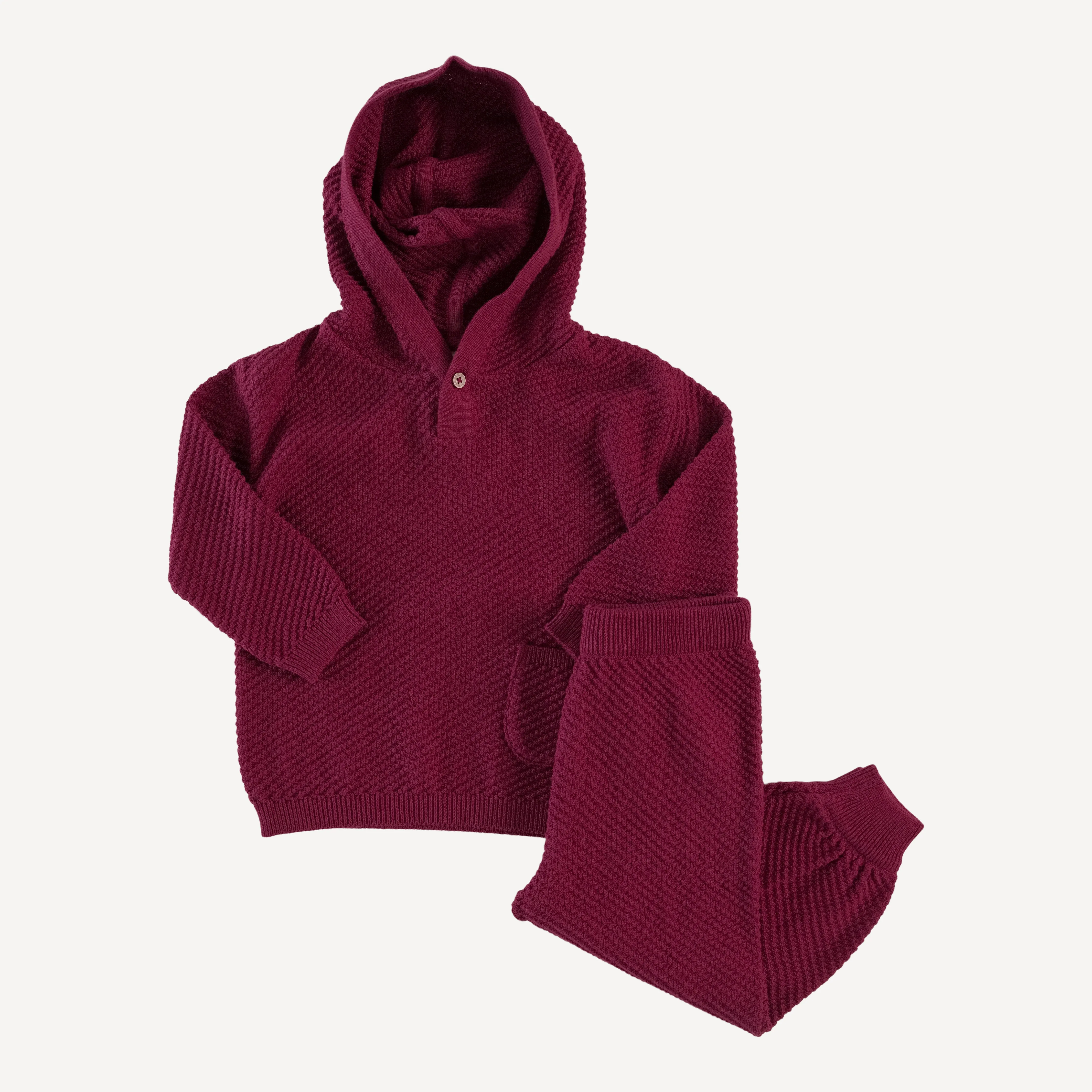 long sleeve hoodie   relaxed jogger sweater set | ruby wine | organic cotton moss knit