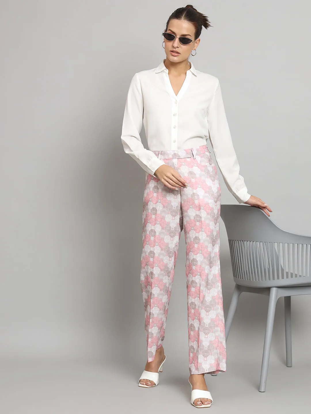 Mid Waist Printed Straight Fit Trouser- Pink