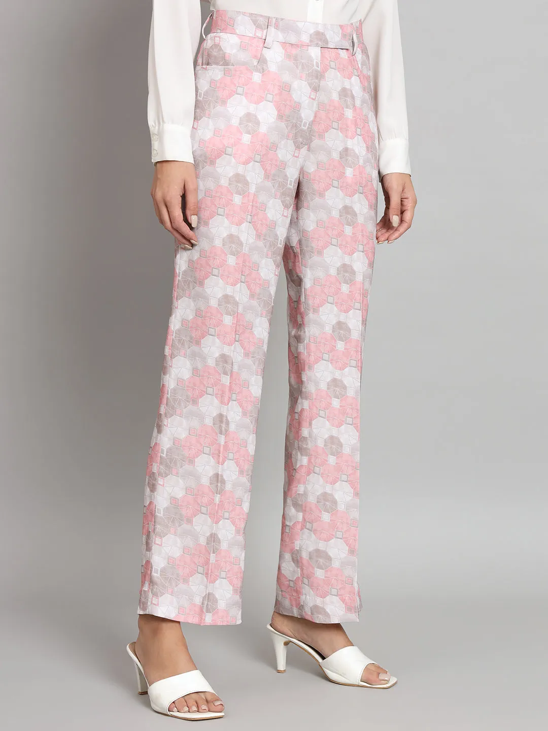 Mid Waist Printed Straight Fit Trouser- Pink