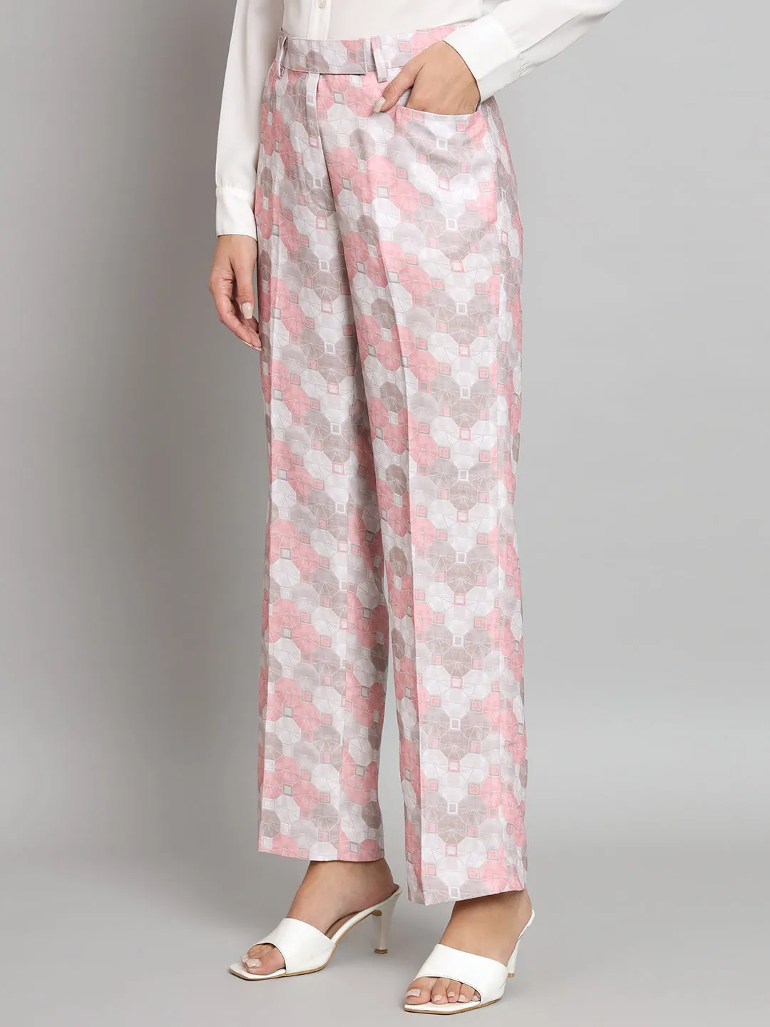 Mid Waist Printed Straight Fit Trouser- Pink