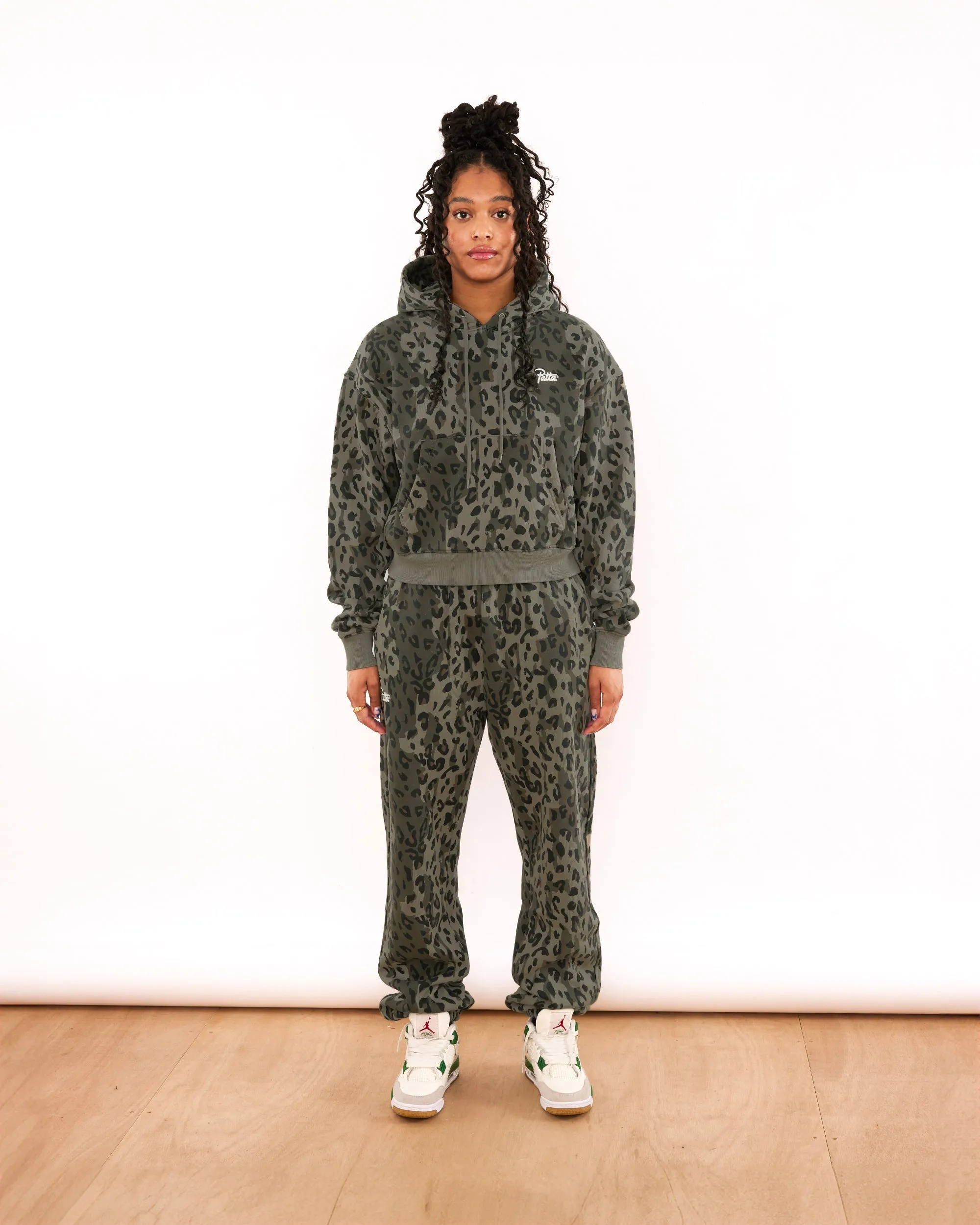 Patta Femme Leopard Cropped Hooded Sweater (Dusty Olive)