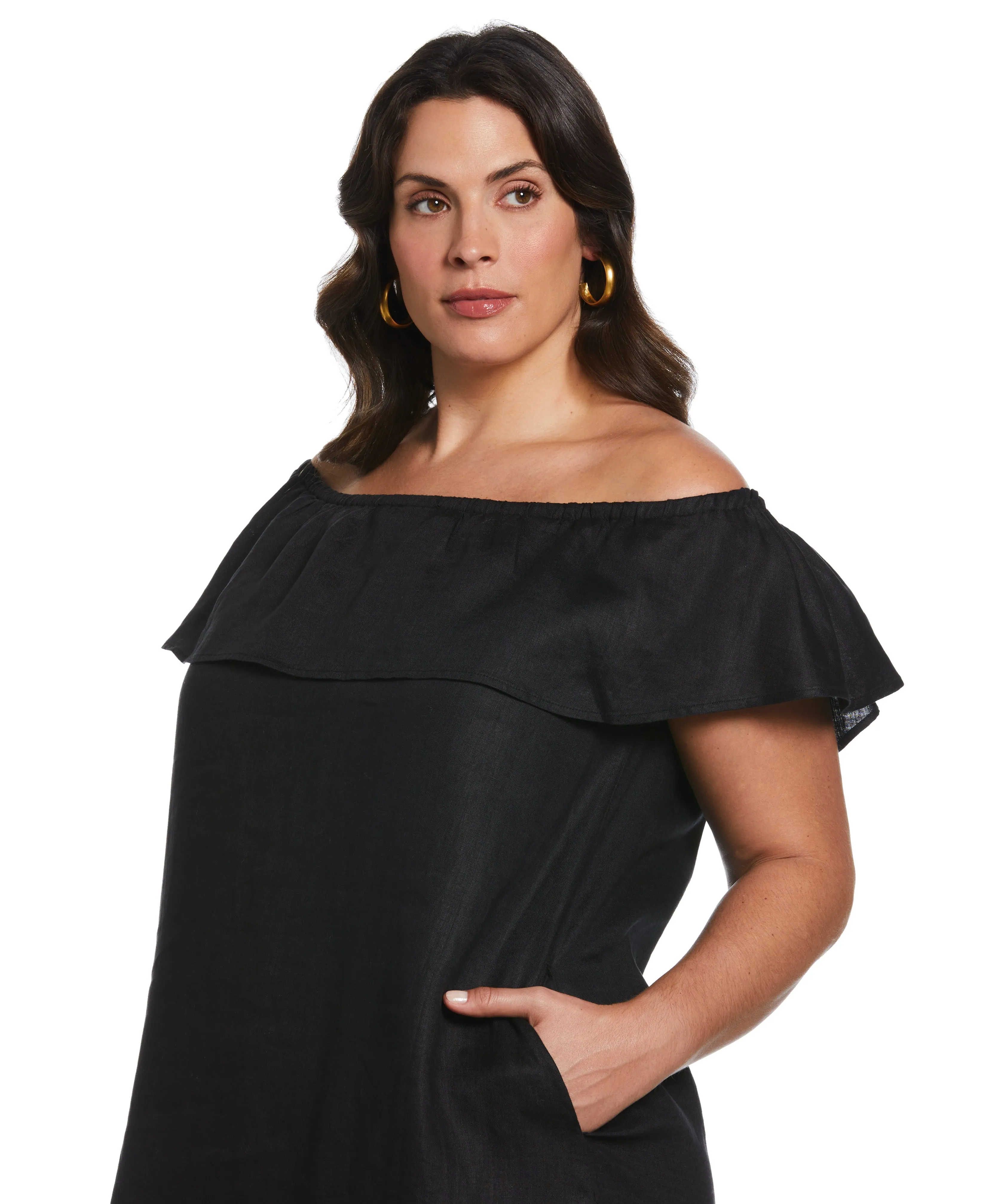 Plus Size Off-the-Shoulder Ruffle Linen Dress