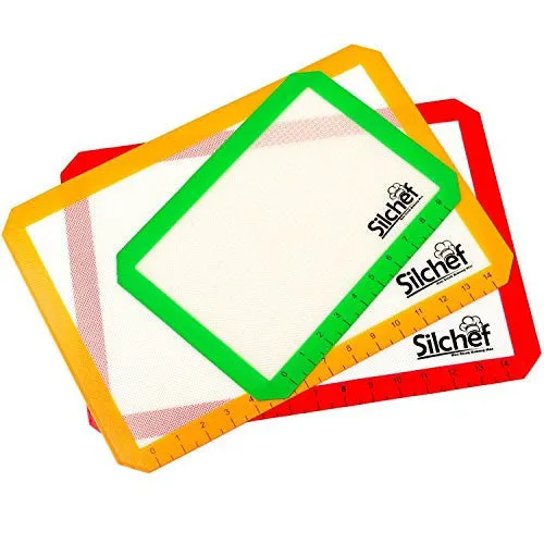 Silicone Baking Mat Set with Measurements – (Set of 3) – 2 x Half Sheet Liners and 1 Quarter Sheet Liner, FDA Approved, Red, Yellow and Green