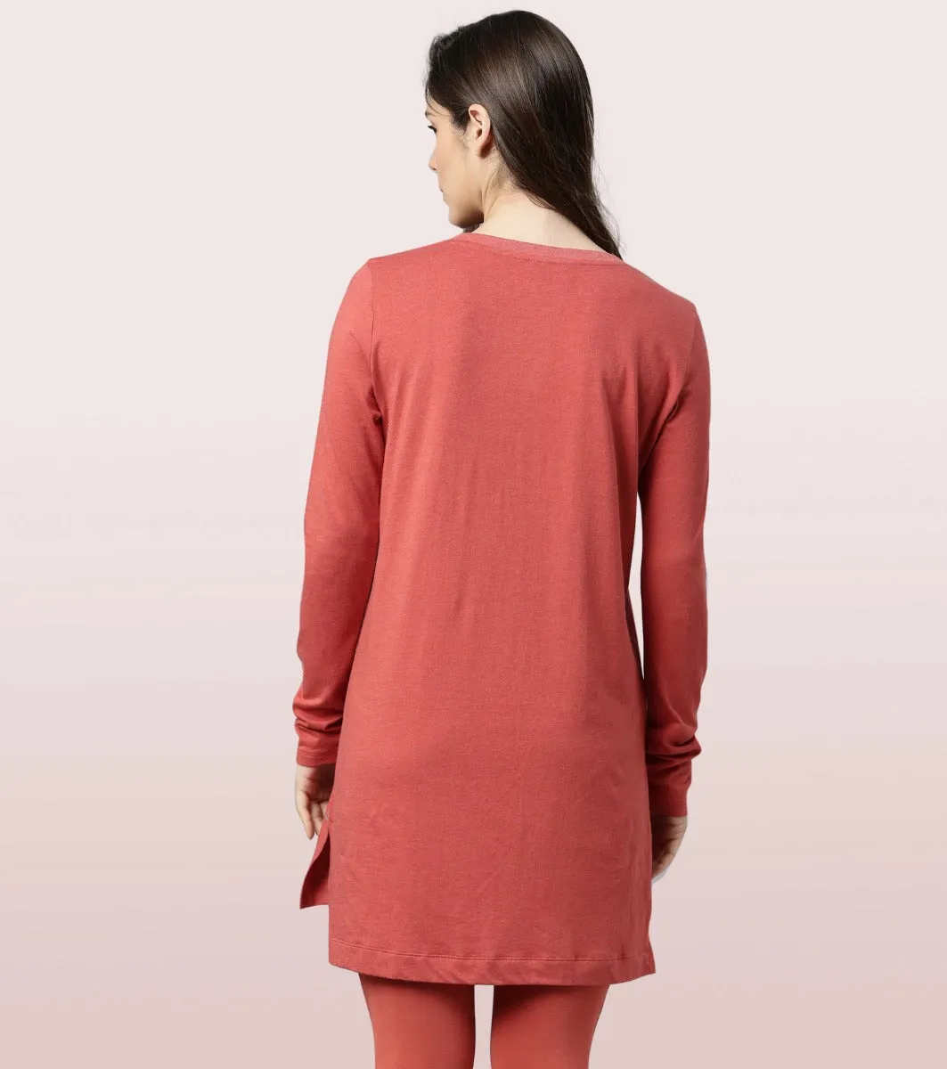 Tunic Tee – Solid | Long Sleeve Tunic Tee With Side Slit & Mindful Graphic