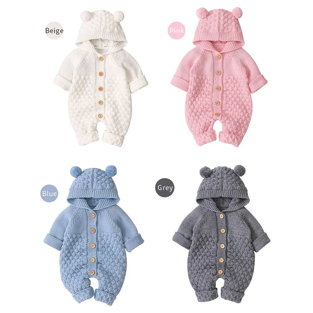 Unisex Knit Hooded Newborn Baby Romper