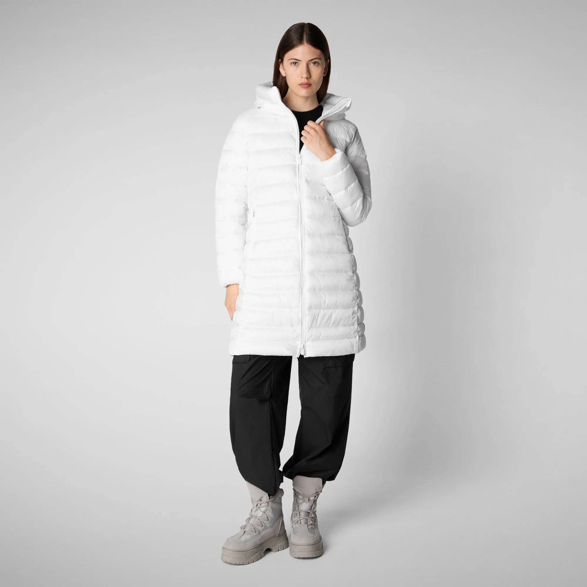 Woman's animal free hooded puffer jacket Saffron in white